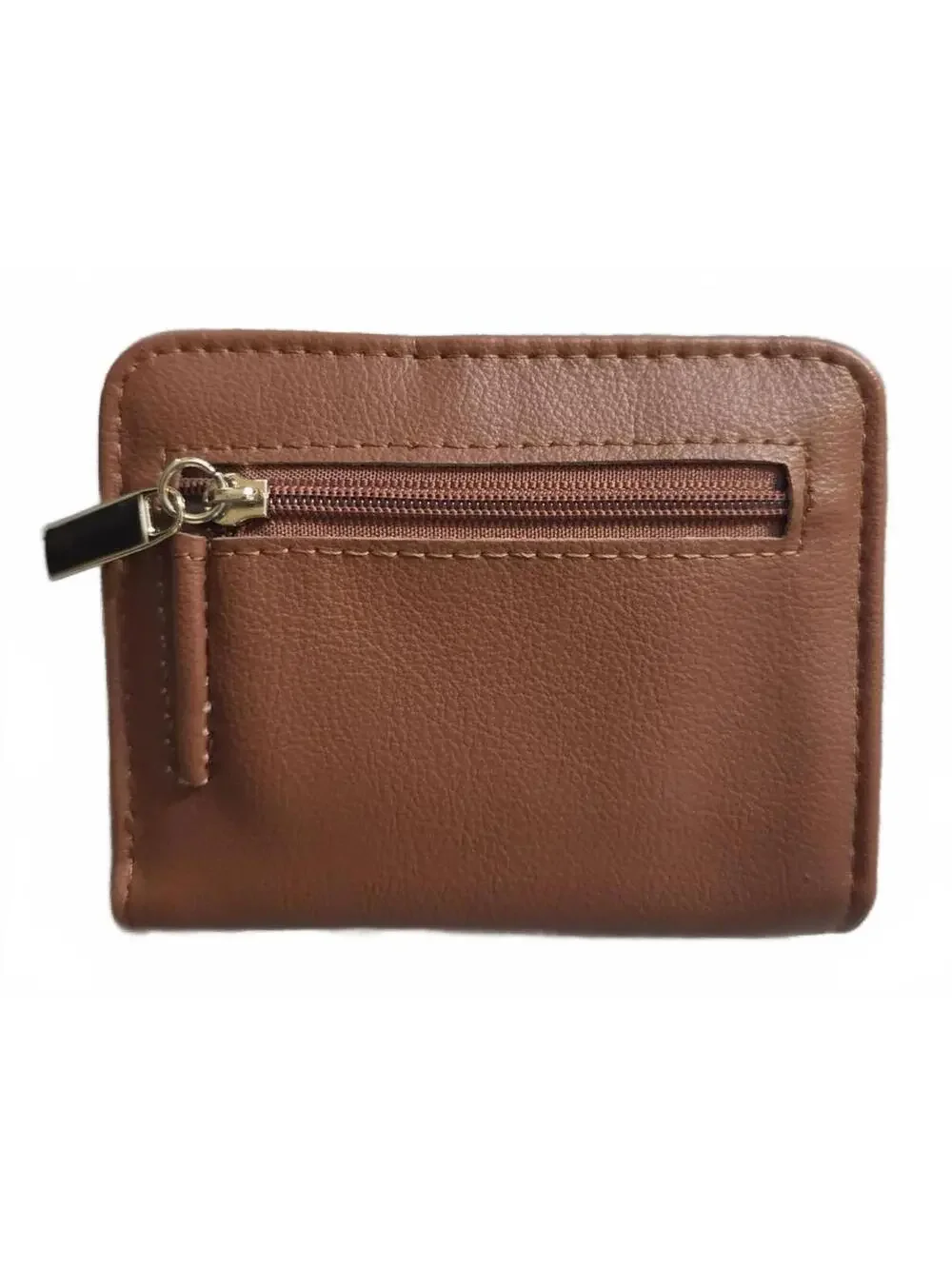 Brown Compact Faux Leather Wallet with Gold Accent